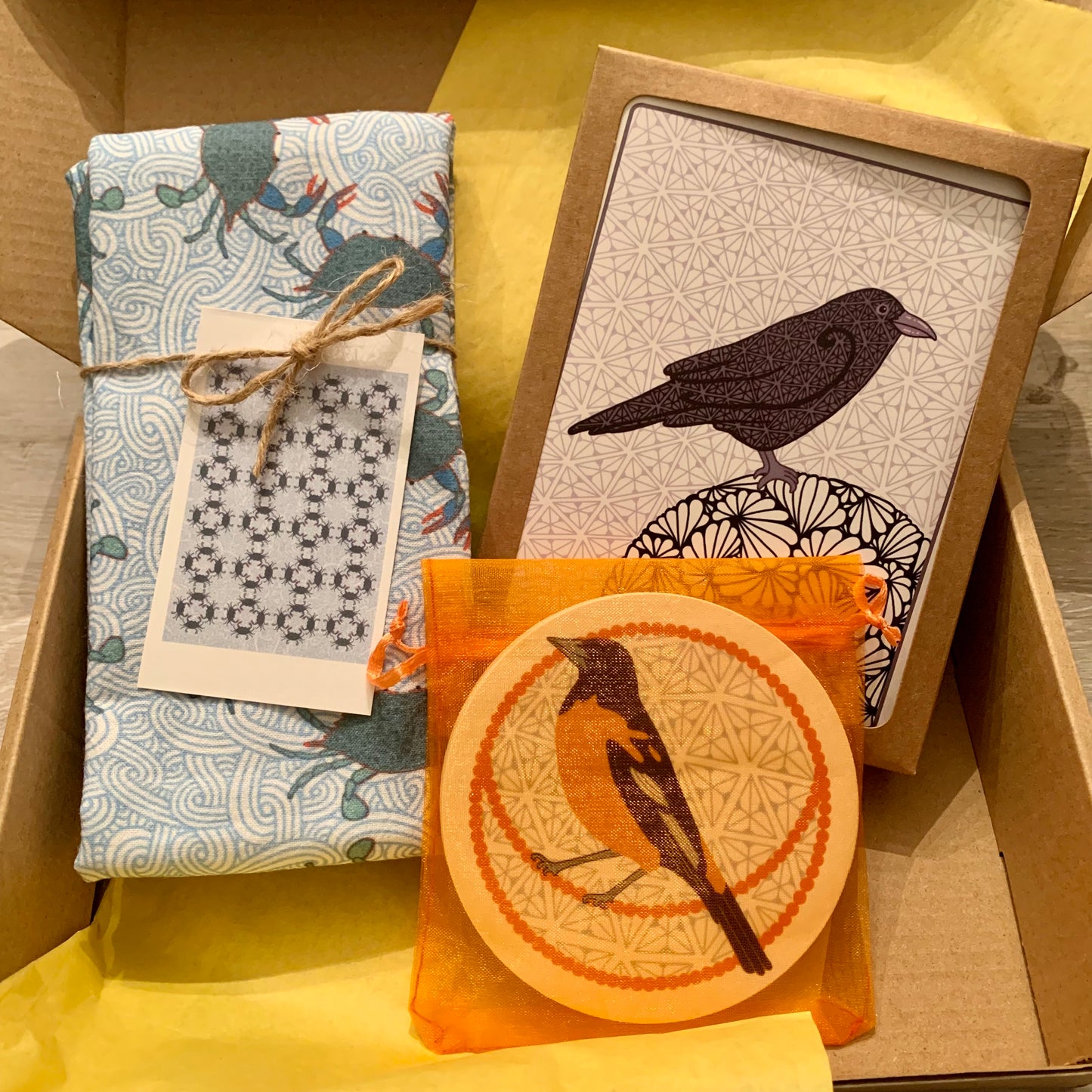 Gift Pack #3 - Blue Crab Tea Towel + Maryland Note Cards + Oriole Coasters