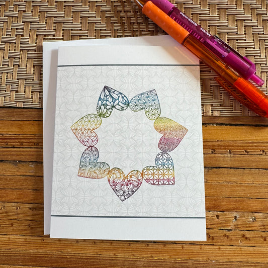 Ring of Rainbow Tangled Hearts Blank Note Card