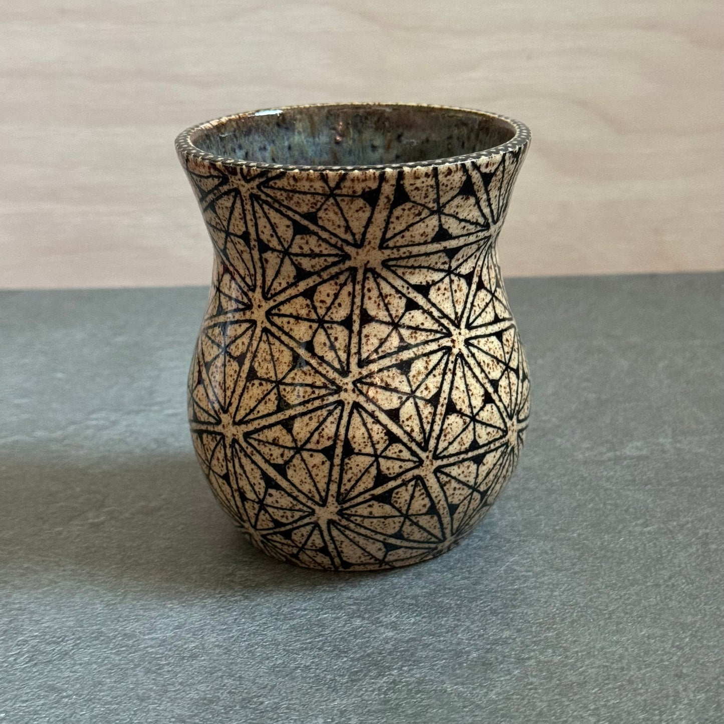 Tangled Triangle Cup with Blue Green Glaze