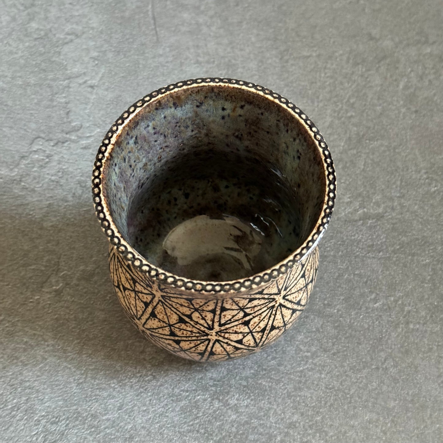 Tangled Triangle Cup with Blue Green Glaze