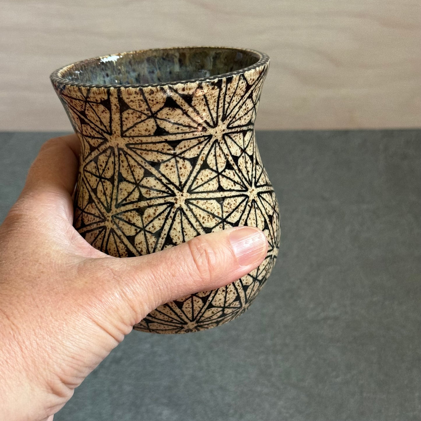 Tangled Triangle Cup with Blue Green Glaze