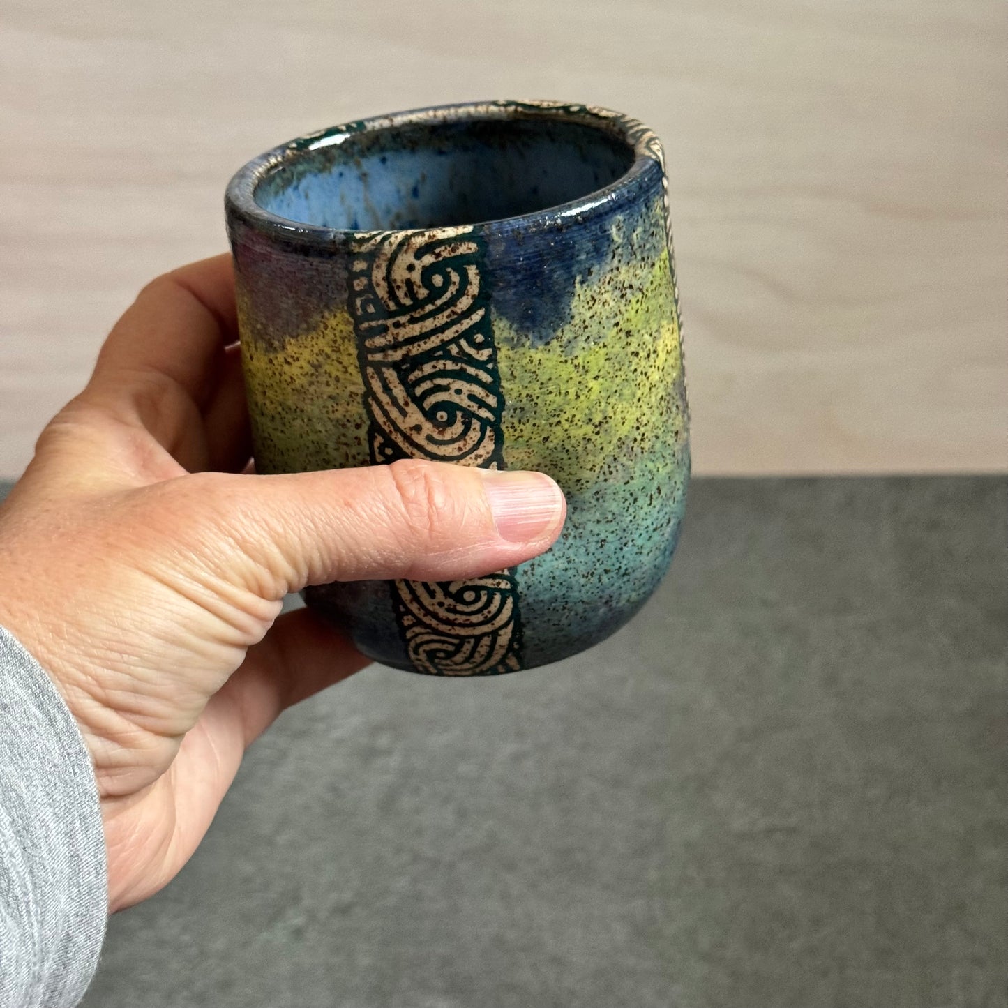 Blue and Green Cup with Swirl Tangle