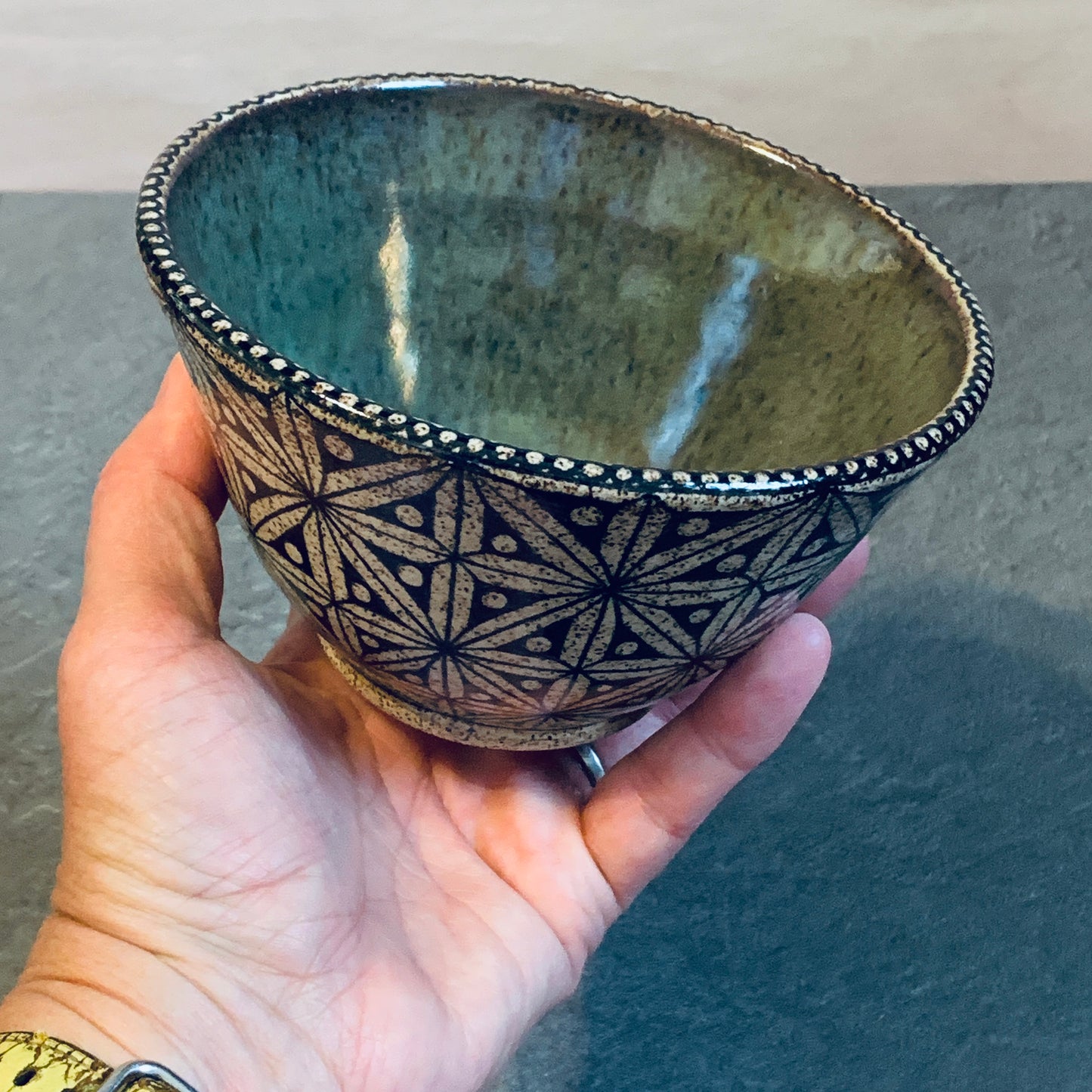Dots and Triangles Olive Green Bowl
