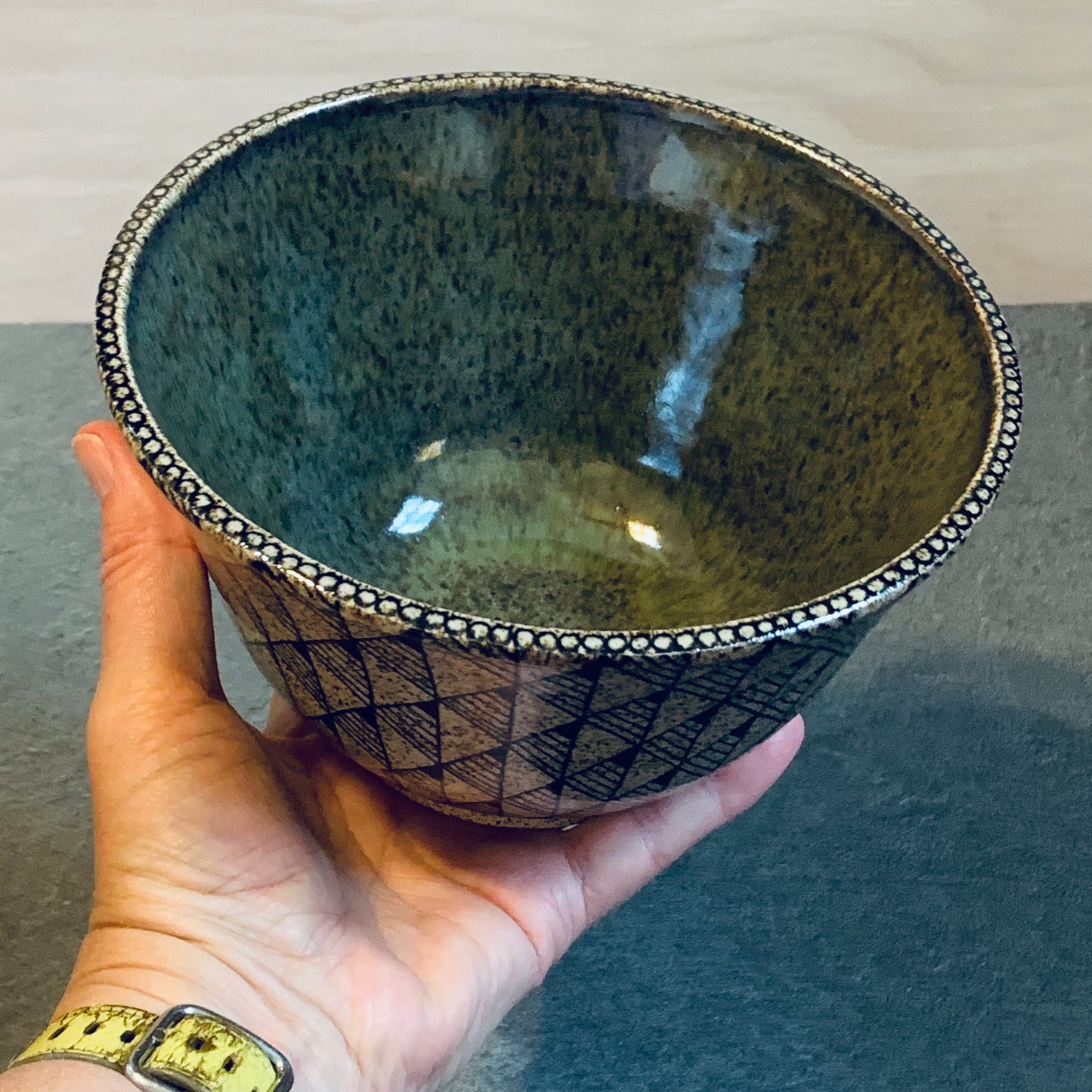 Tangled Triangles Olive Green Bowl