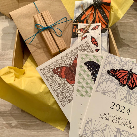 Gift Pack #1 - Butterflies 2024 Illustrated Desk Calendar + Monarch Tea Towel