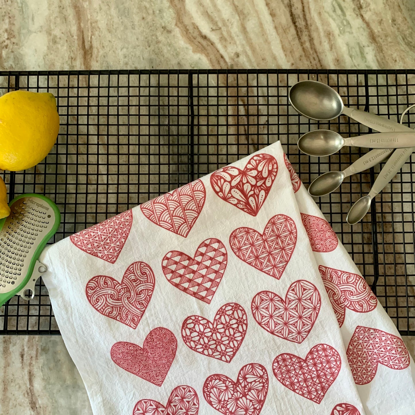 Red Hearts Tea Towel