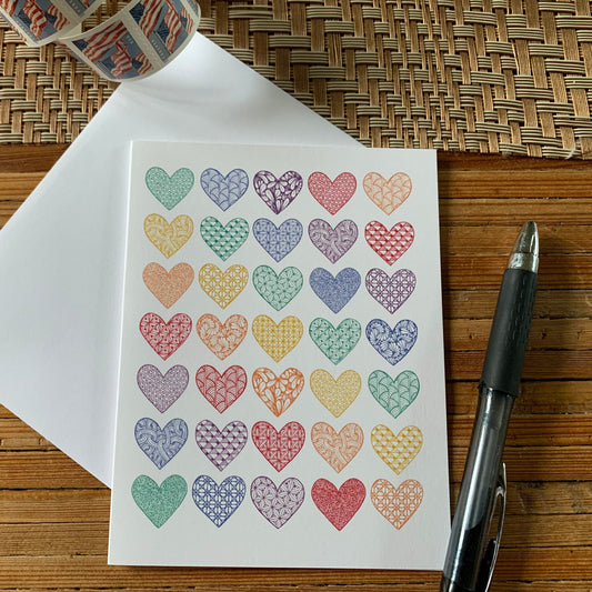 Tangled Rainbow Hearts Blank Note Card
