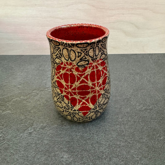 Round Cup with Red Hearts - Tan Clay