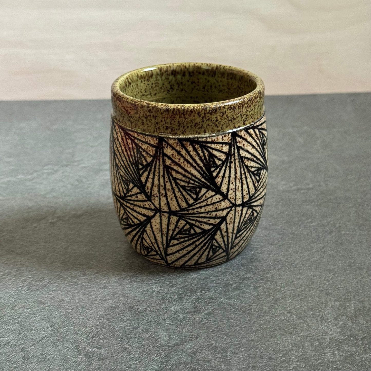 Banded Olive Green Cup with Geometric Tangle