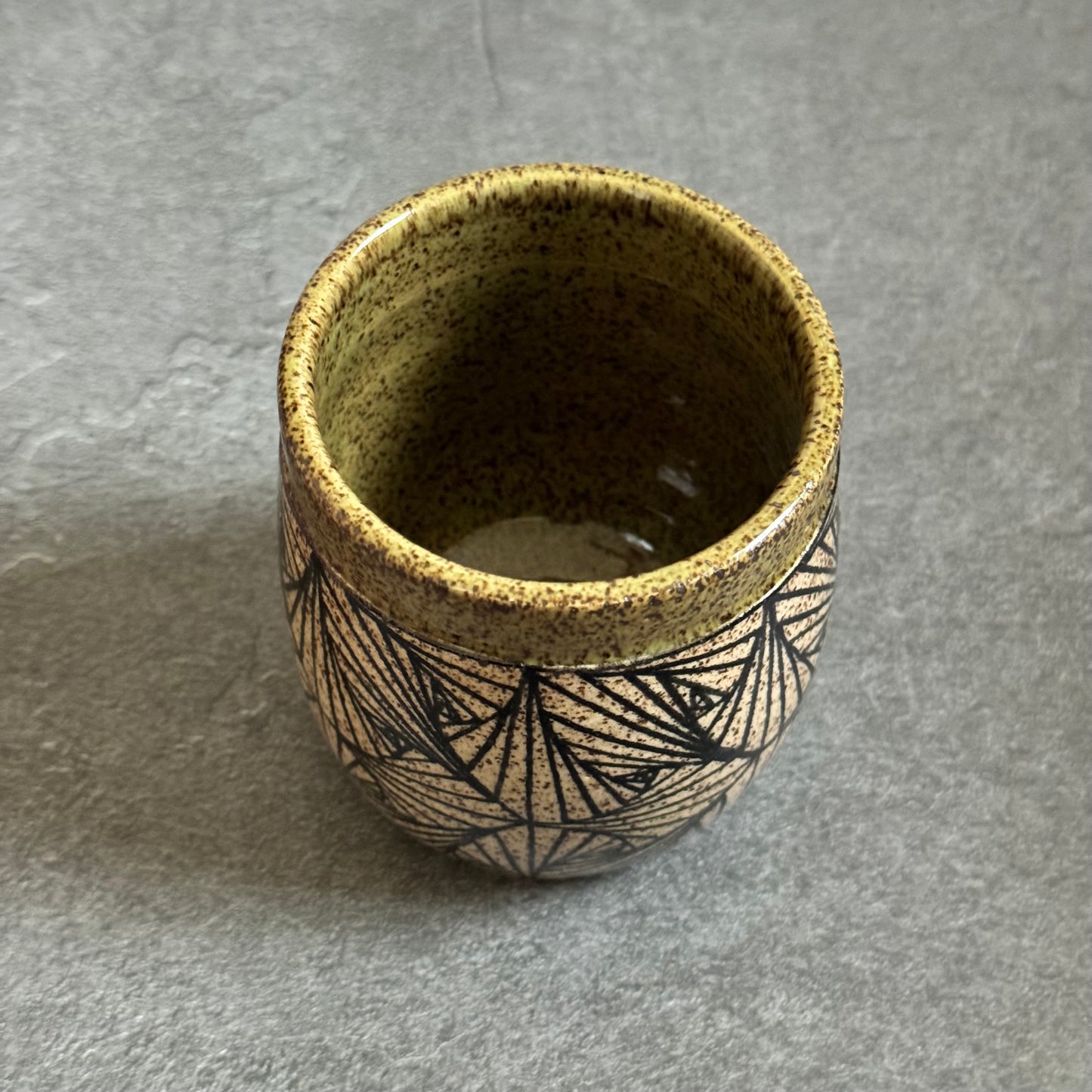 Banded Olive Green Cup with Geometric Tangle