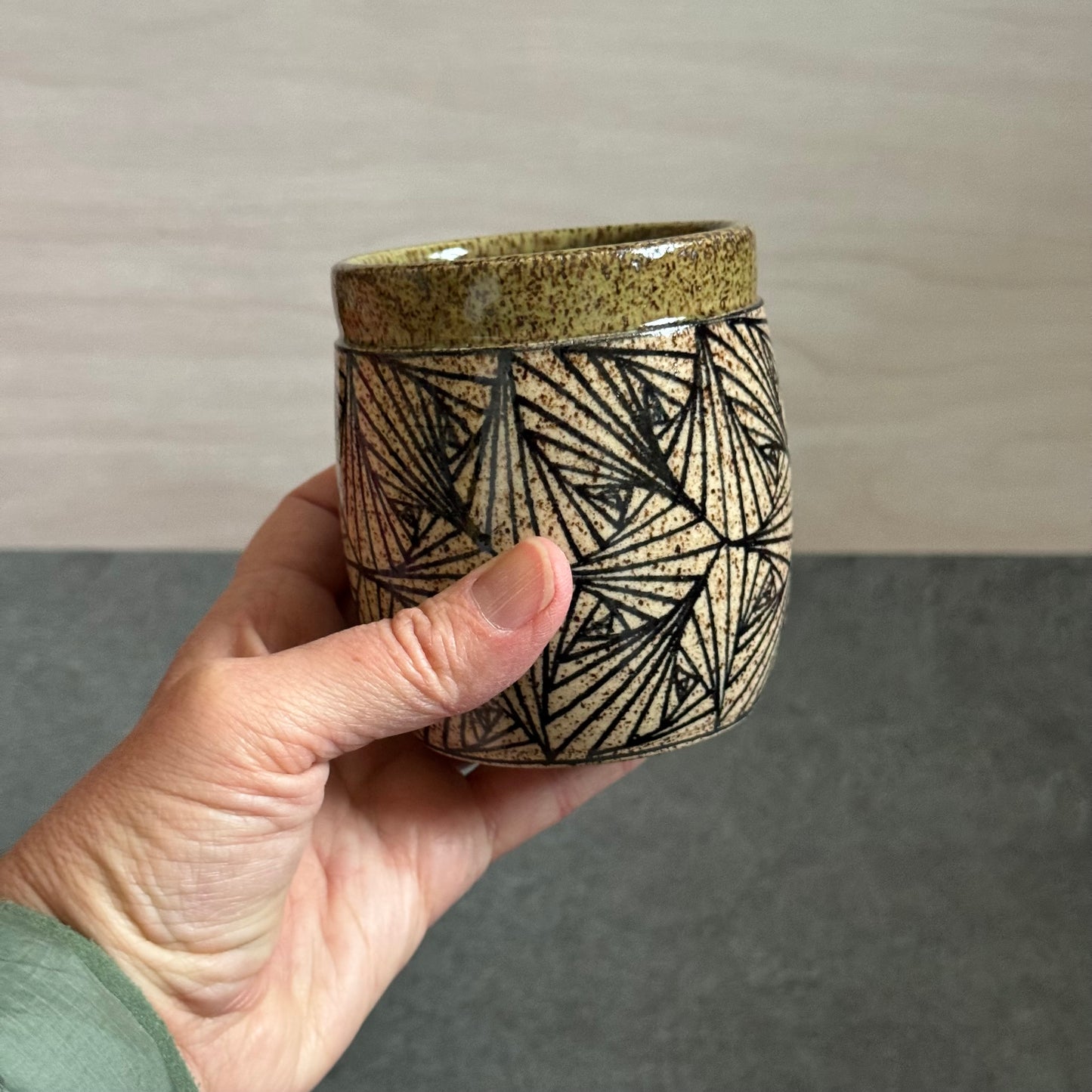 Banded Olive Green Cup with Geometric Tangle