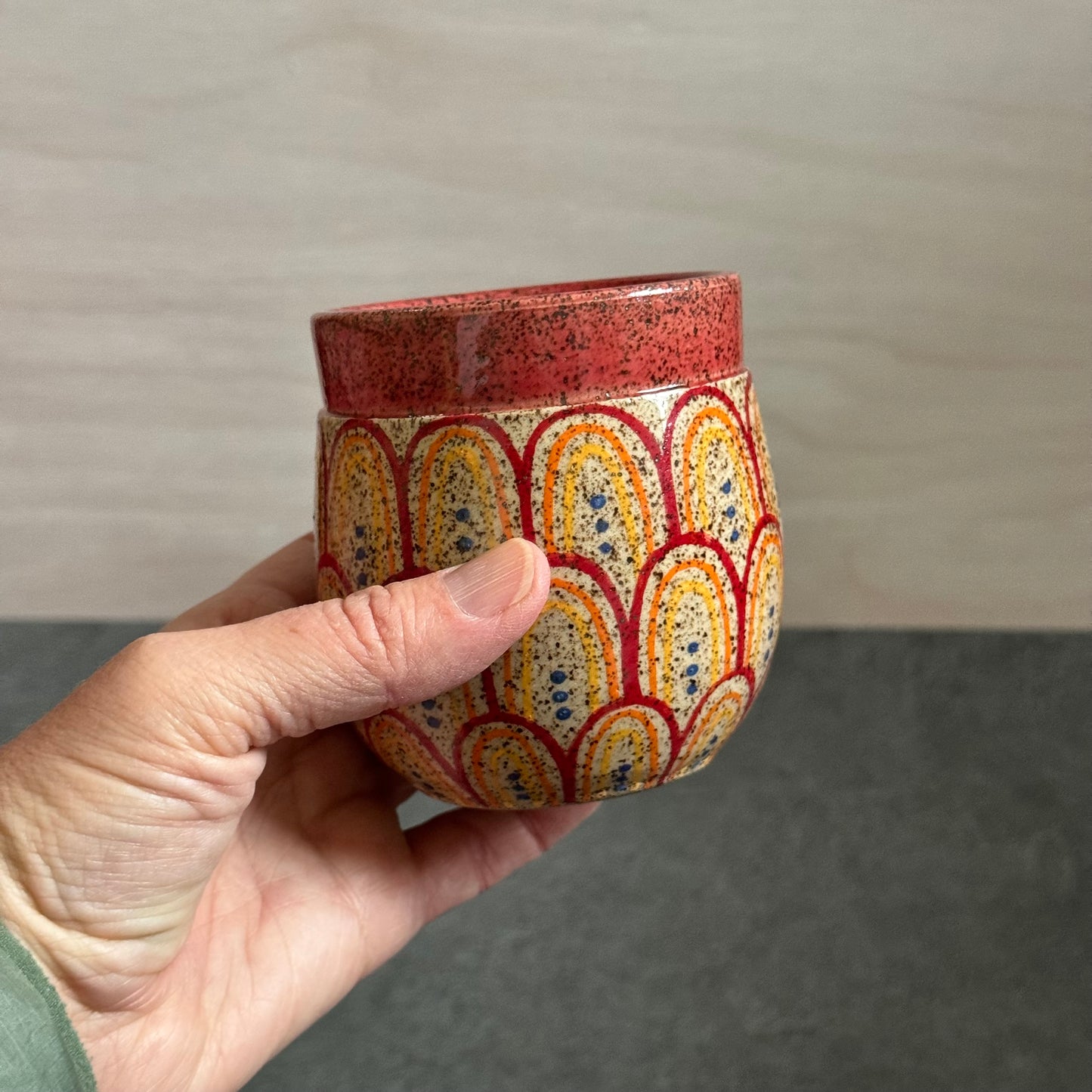 Banded Cup with Red & Orange Rainbow Tangle