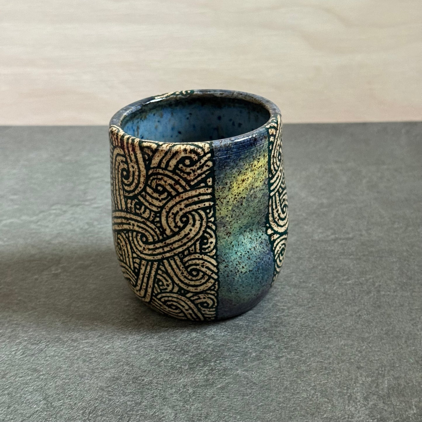Blue and Green Cup with Swirl Tangle