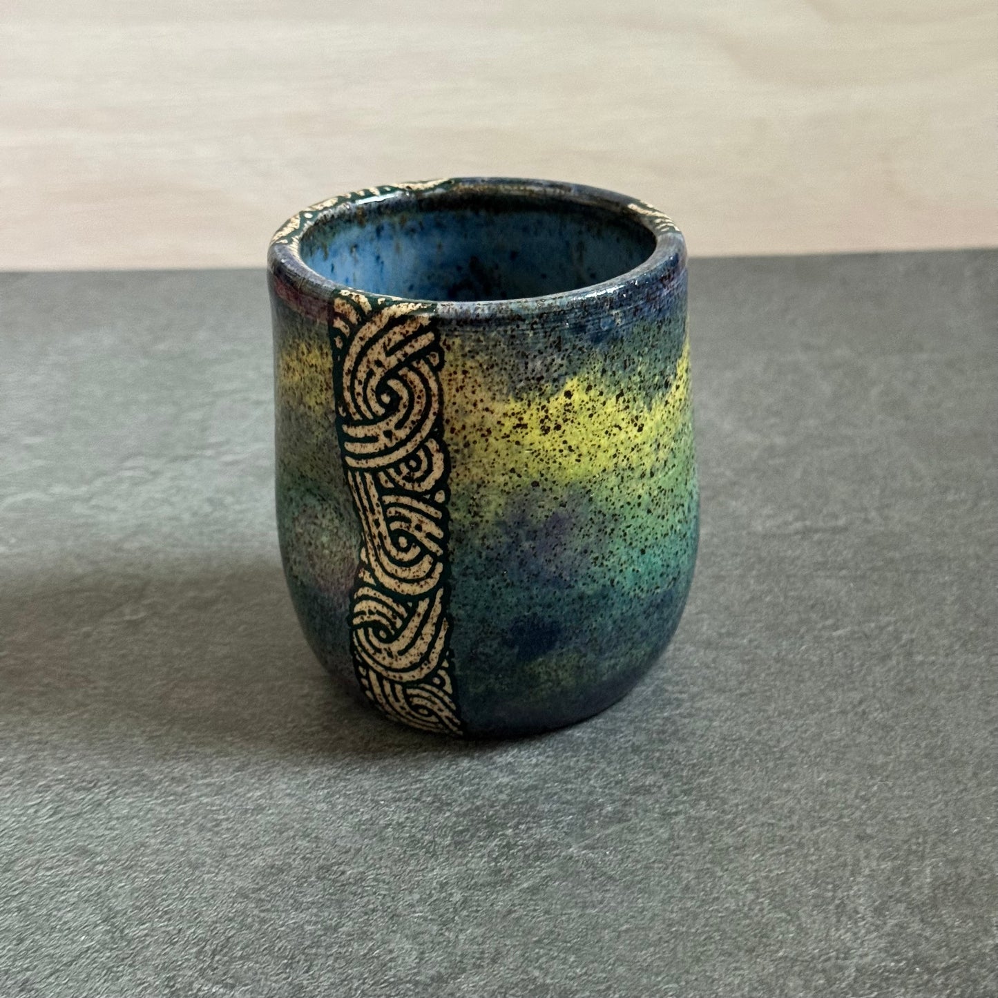 Blue and Green Cup with Swirl Tangle