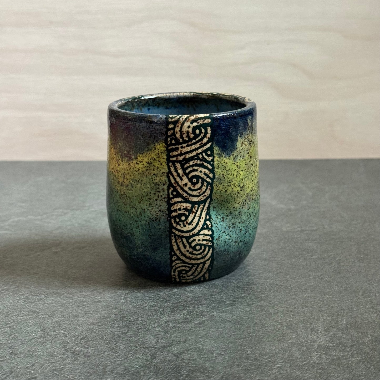 Blue and Green Cup with Swirl Tangle
