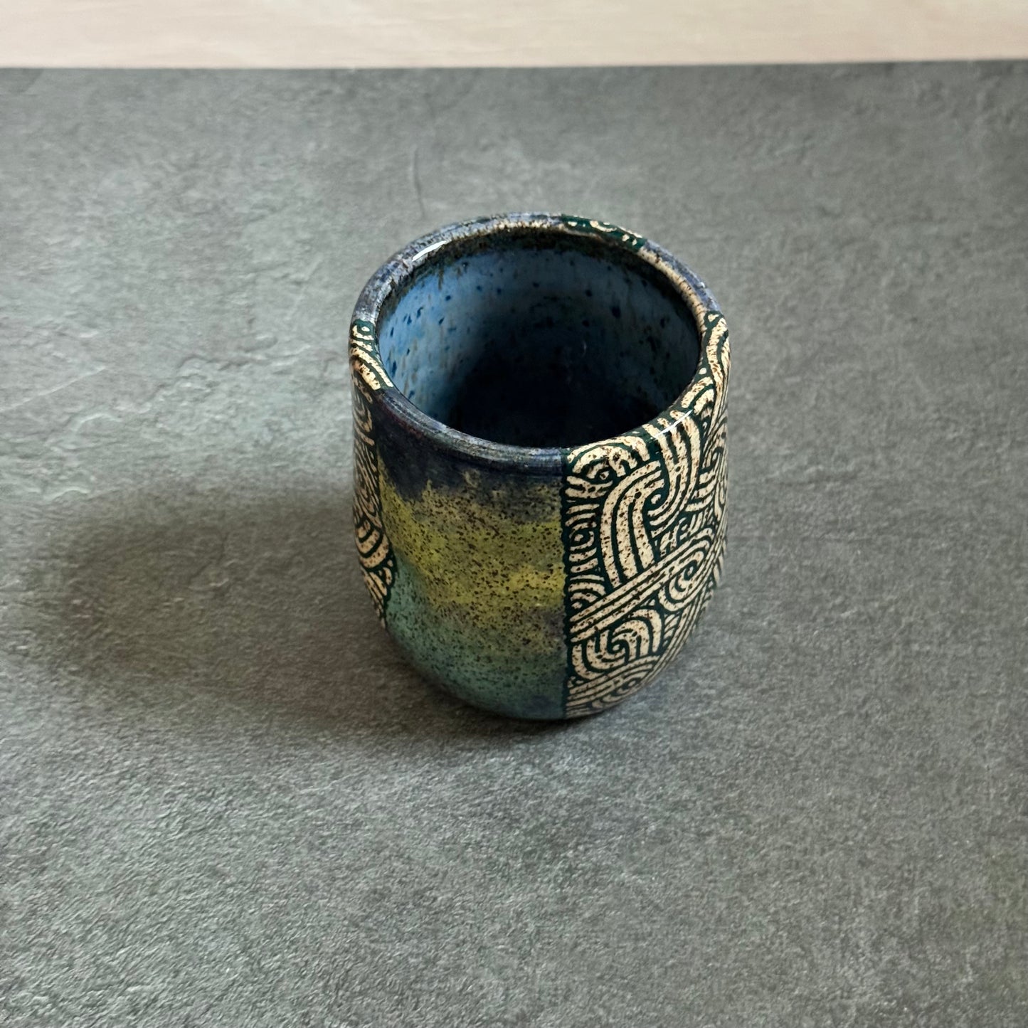 Blue and Green Cup with Swirl Tangle