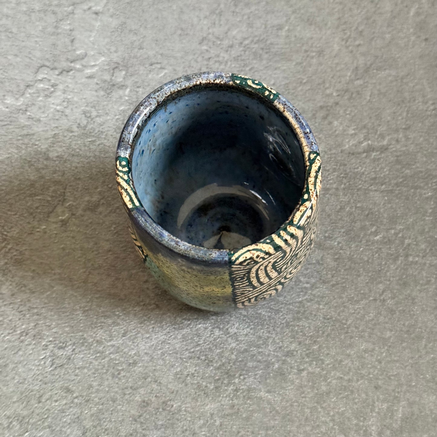 Blue and Green Cup with Swirl Tangle