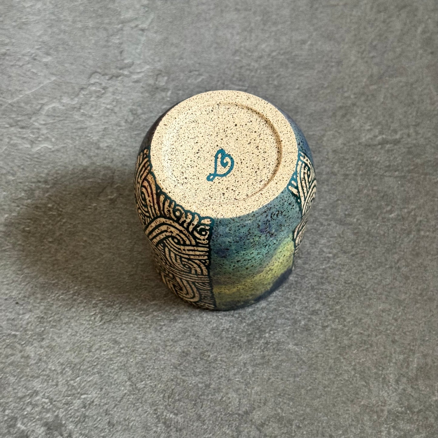 Blue and Green Cup with Swirl Tangle