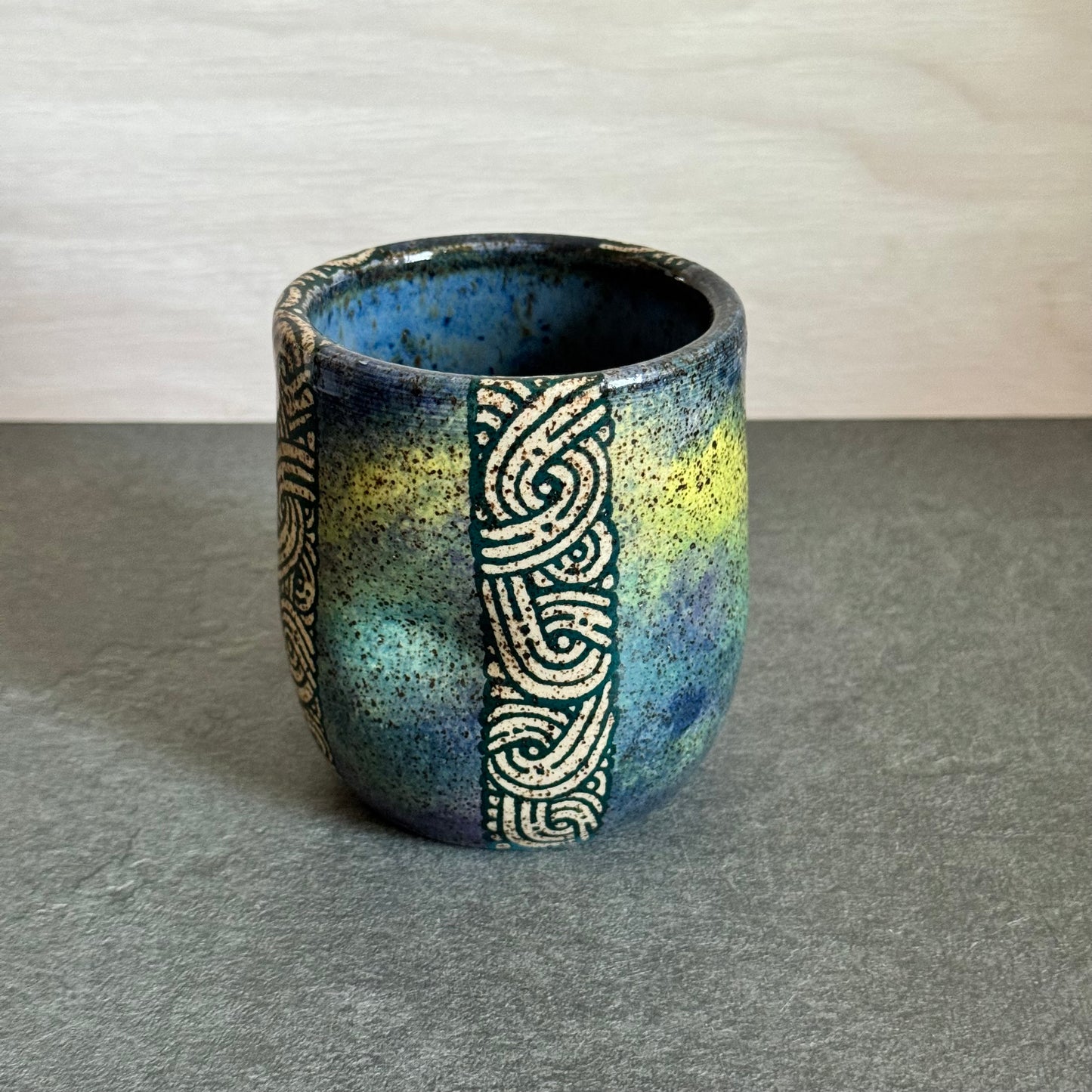Blue and Green Cup with Swirl Tangle