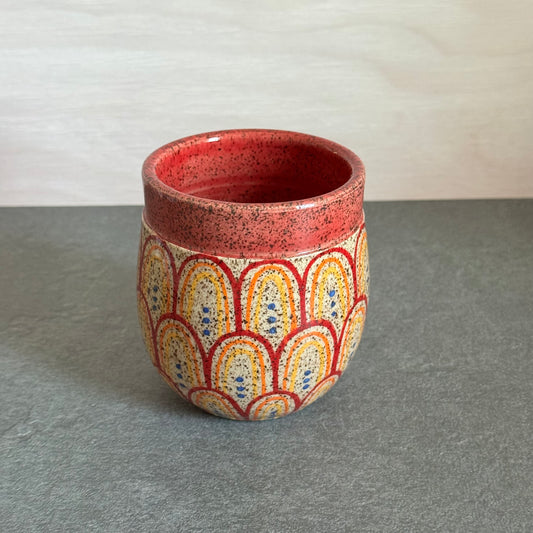 Banded Cup with Red & Orange Rainbow Tangle