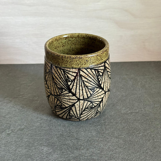 Banded Olive Green Cup with Geometric Tangle