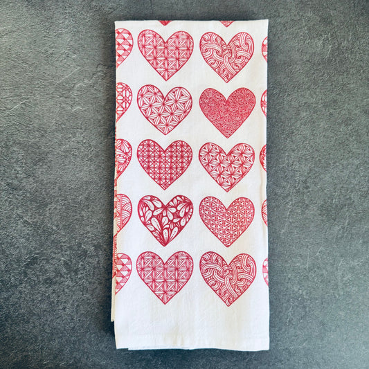 Red Hearts Tea Towel